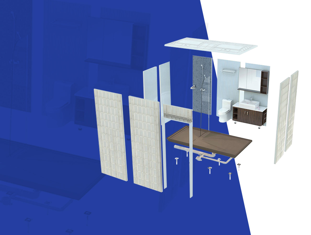 Diagrama de explosión de las unidades de baño prefabricadas